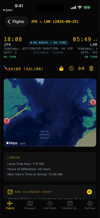 FlightFriend live flight details with map, gates and terminals